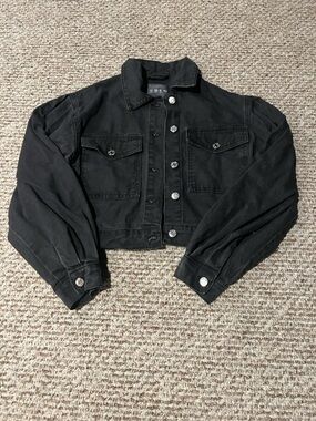 Denim Co Black Denim Jacket with Button Front Puffed Sleeves